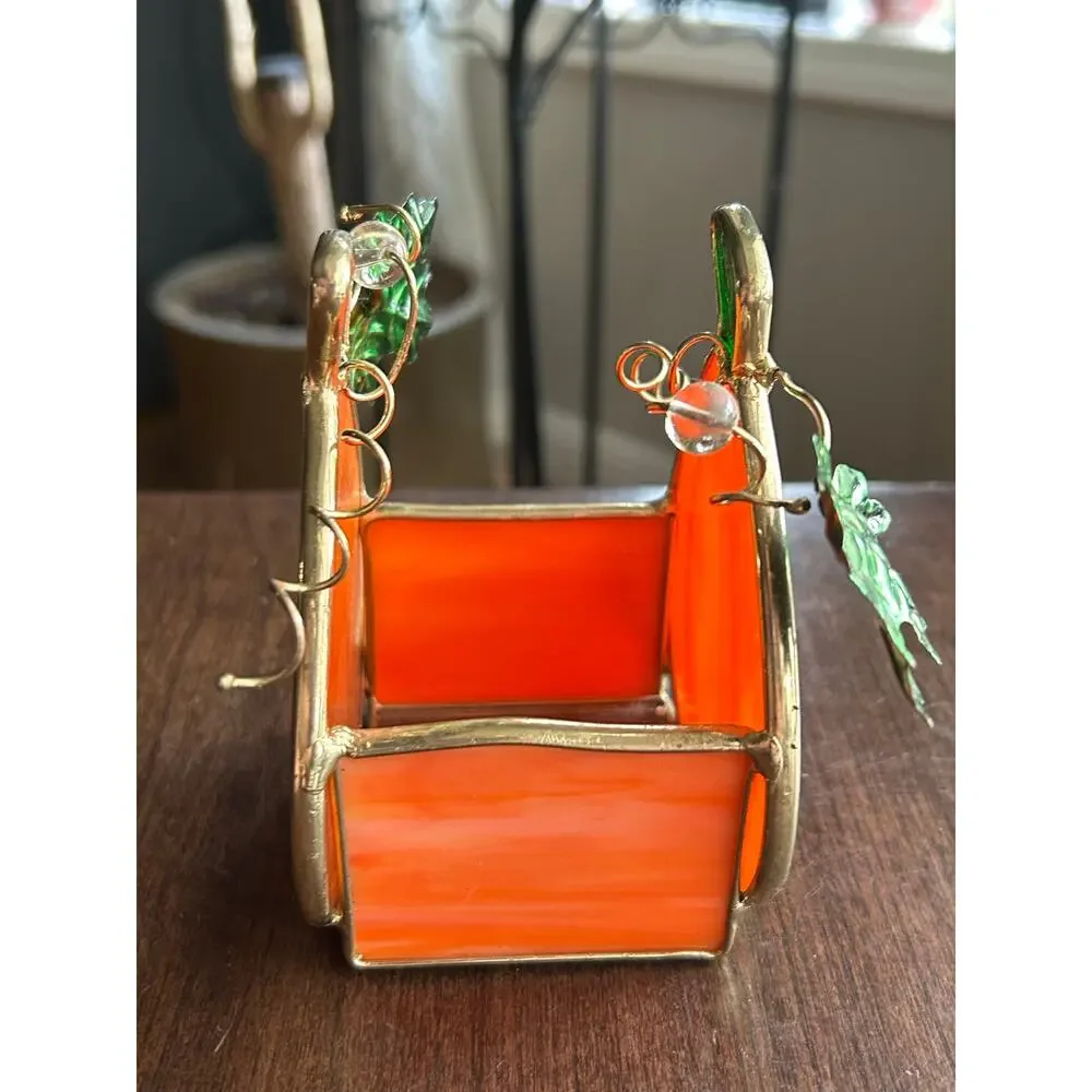 Vtg stained Glass Pumpkin Candleholder Tea Light Votive